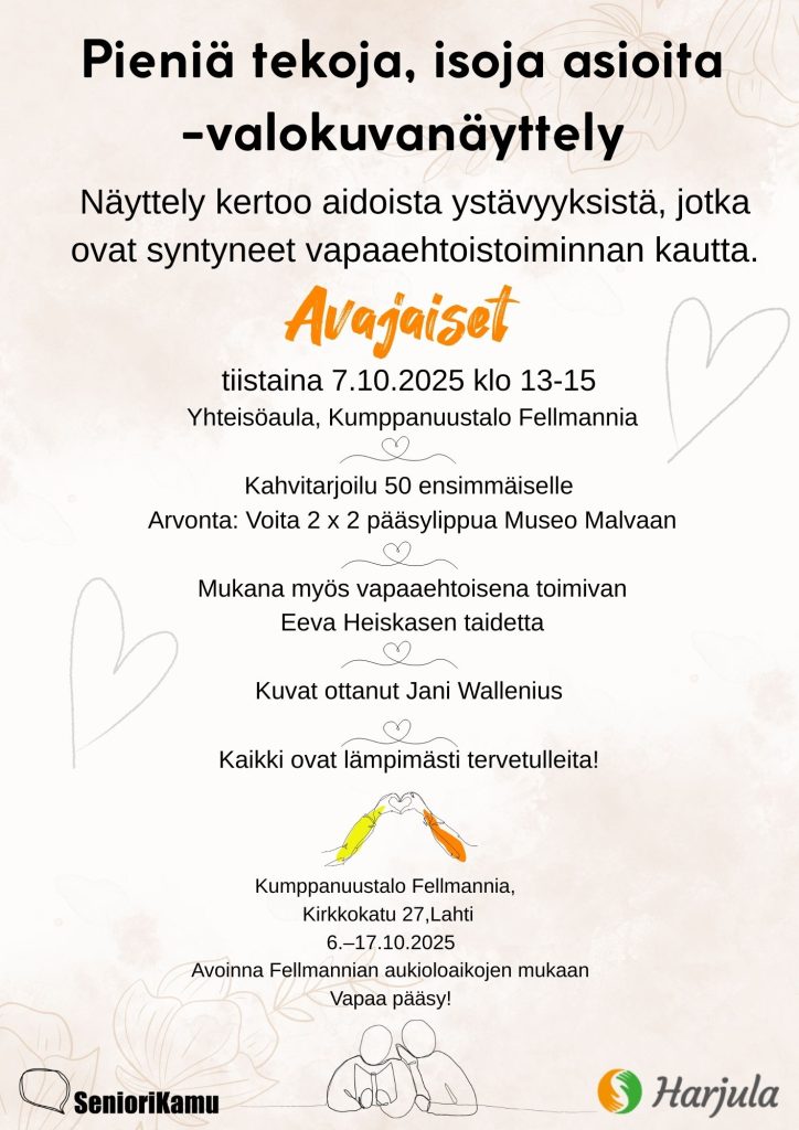 Pieniä tekoja, isoja asioita -valokuvanäyttely Lahden Fellmanniassa. Harjulan Setlementin SenioriKamu-hanke.
