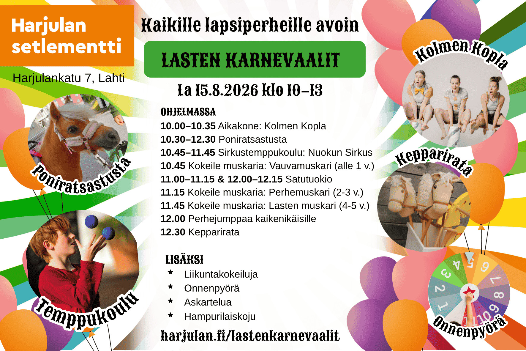 Lastenkarnevaalit 15.8.2026 Harjulassa, Lahti